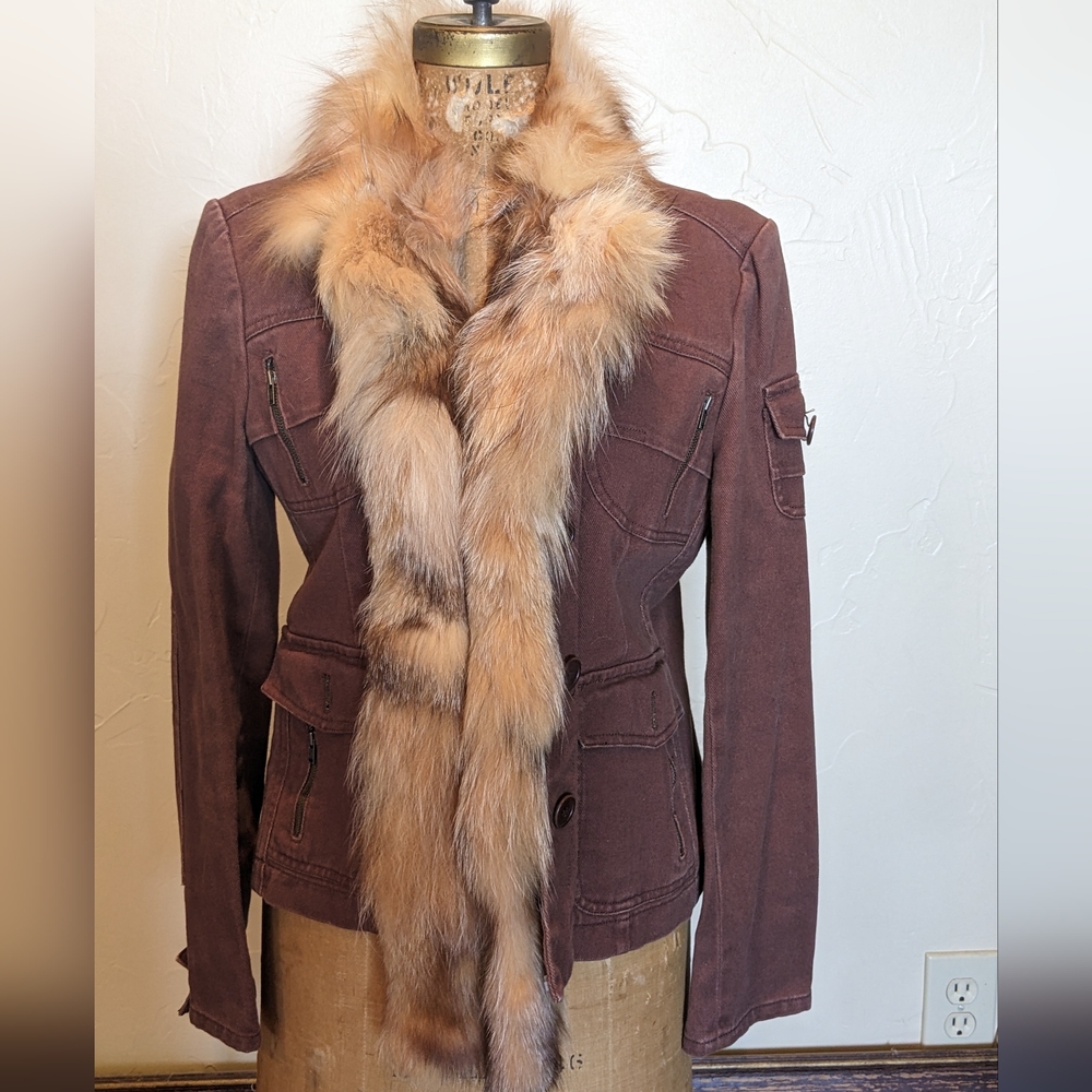 Light brown military style denim Jacket with removable fox collar
